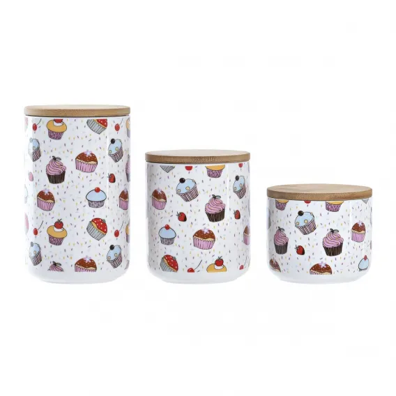 Set mit 3 Kanistern DKD Home Decor natrlich Wei Bunt Bambus Steingut Cupcake 3 Stcke